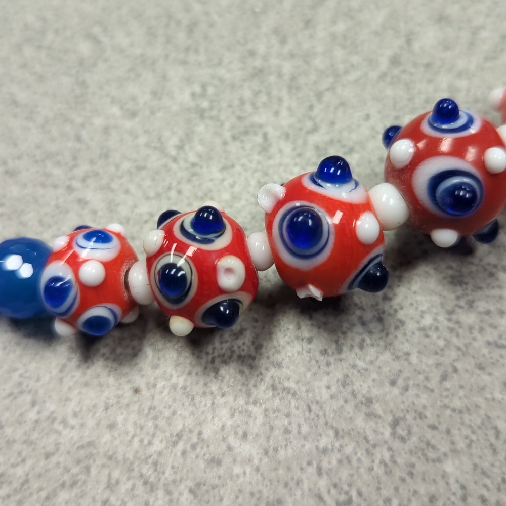 Lampwork Glass Bumpy Bead Necklace Red White Blue - Picture 5 of 7